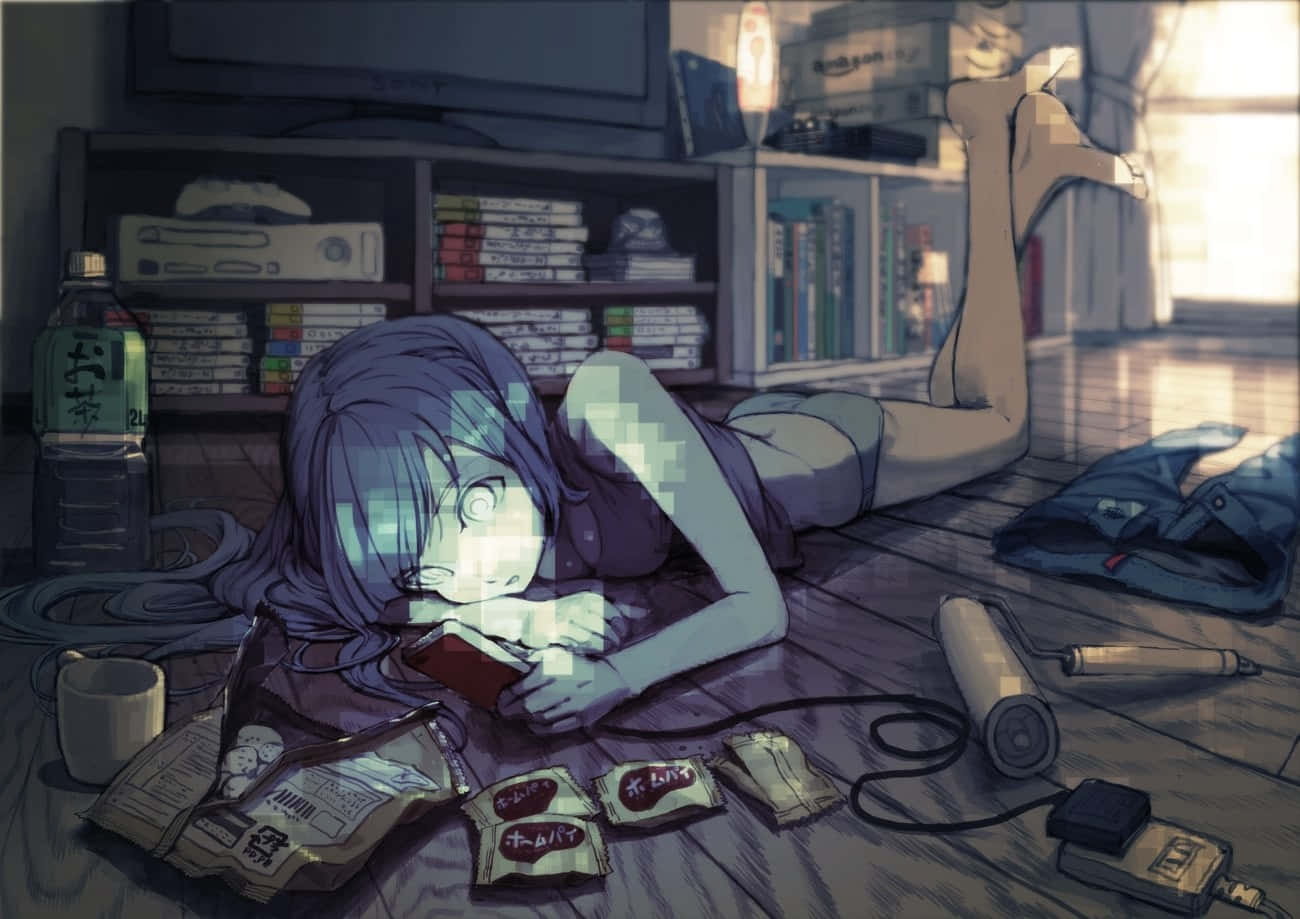 動漫女孩在地板上休息，周圍有零食和遊戲裝備。