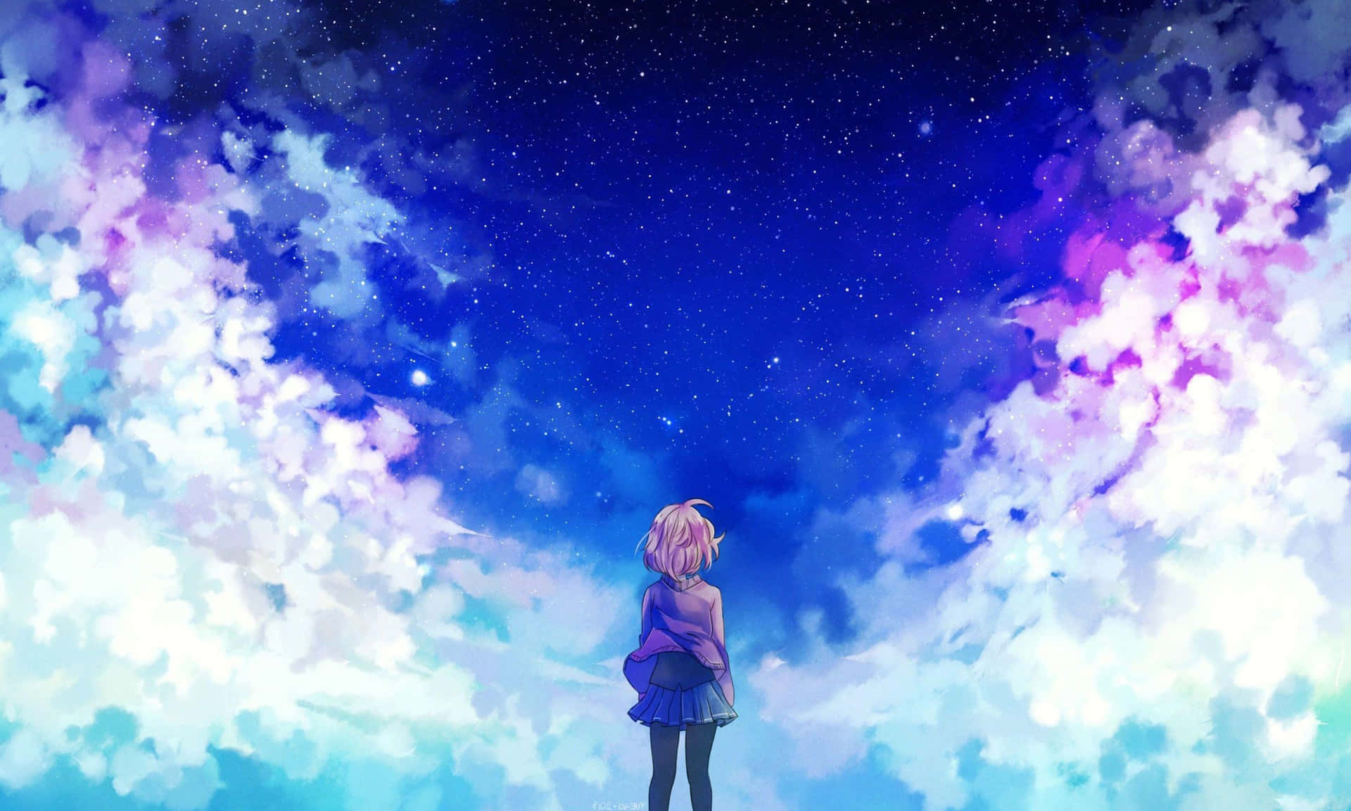 粉紅色頭髮的動漫女孩站在星空下，周圍有色彩繽紛的雲朵。
