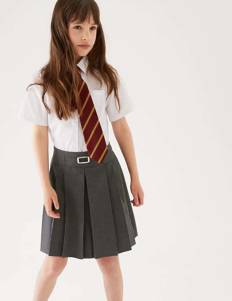 女學生紅領帶照片 壁紙 — 一位年輕女孩穿著白色襯衫、灰色百褶裙和栗色條紋領帶，站在純白色背景前。