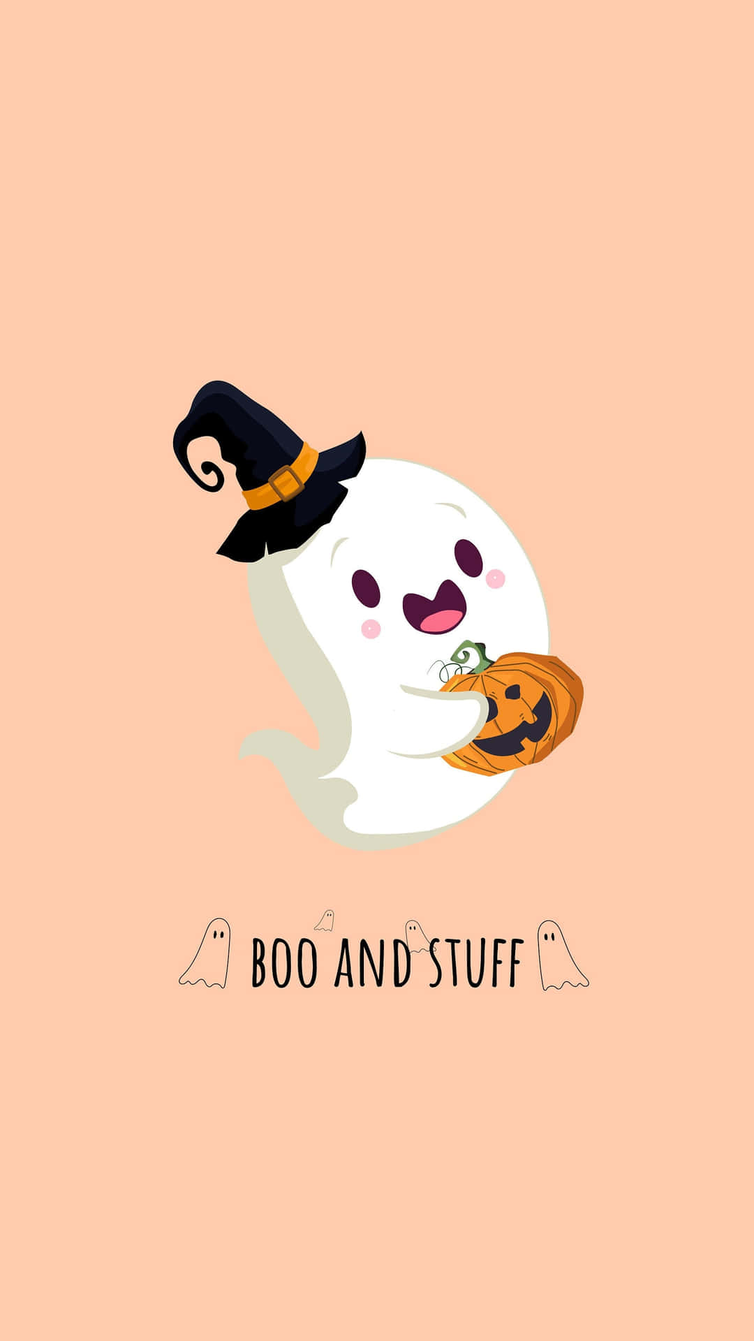 一個戴著巫師帽的卡通幽靈抱著一個帶有「boo and stuff」文字的傑克南瓜燈。