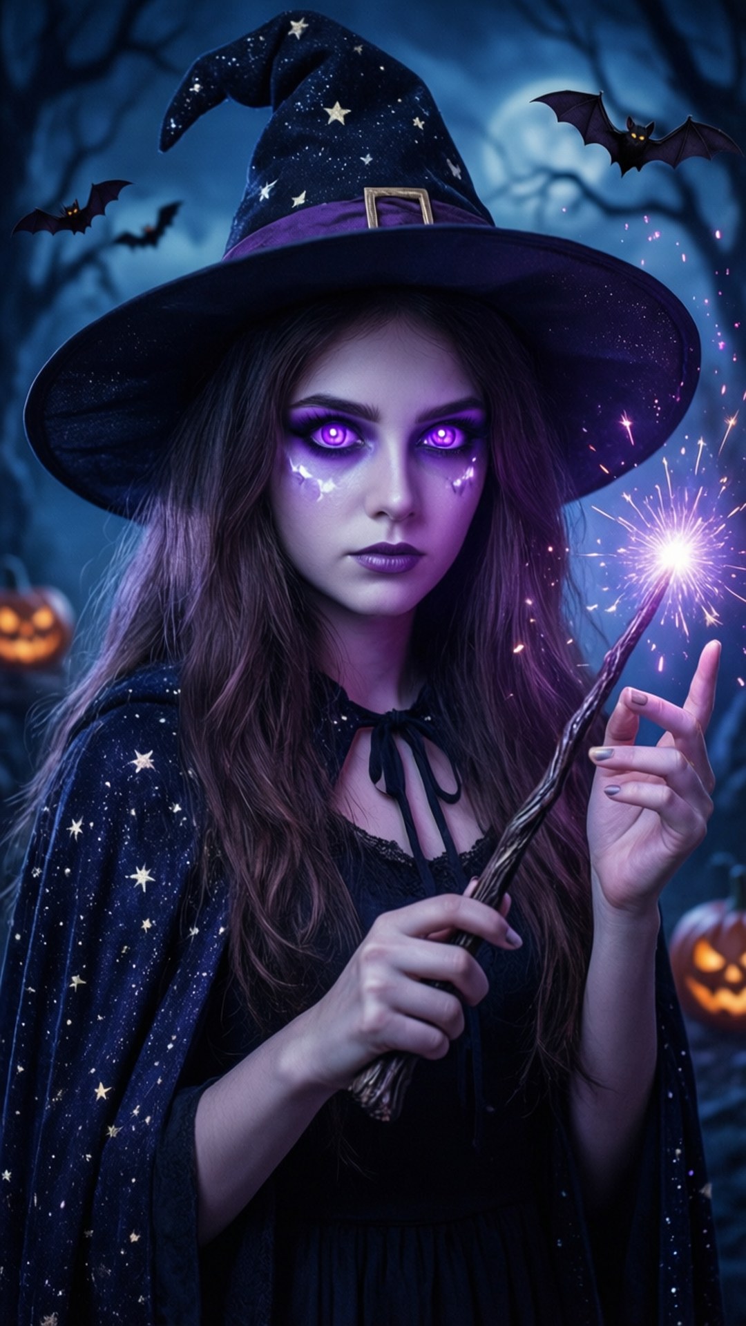 一位擁有發光眼睛和星星帽子的女巫，在夜晚的鬧鬼森林中施展魔法。