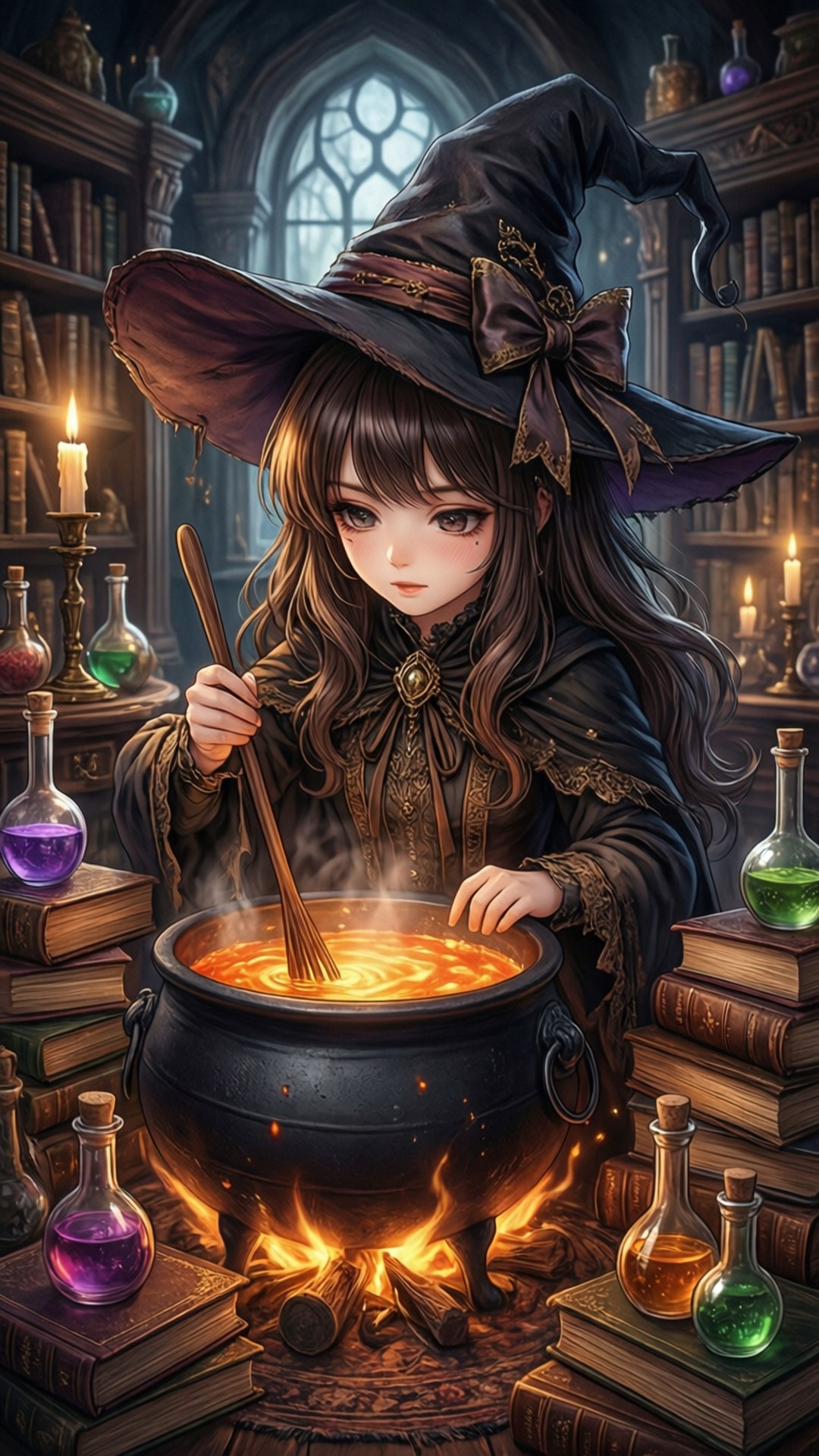 女巫書房魔法 壁紙 — 一位戴著高帽子的年輕女巫在燭光圖書館中，攪拌著被書籍和發光藥水瓶環繞的坩堝中的發光藥水。
