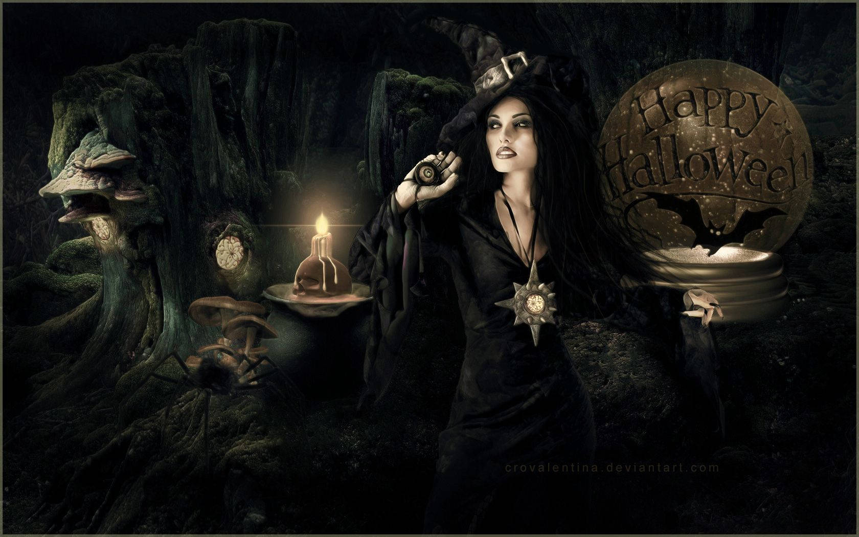 一個戴黑帽的女巫在黑暗的森林中手持一個發光的水晶球，上面有「Happy Halloween」。