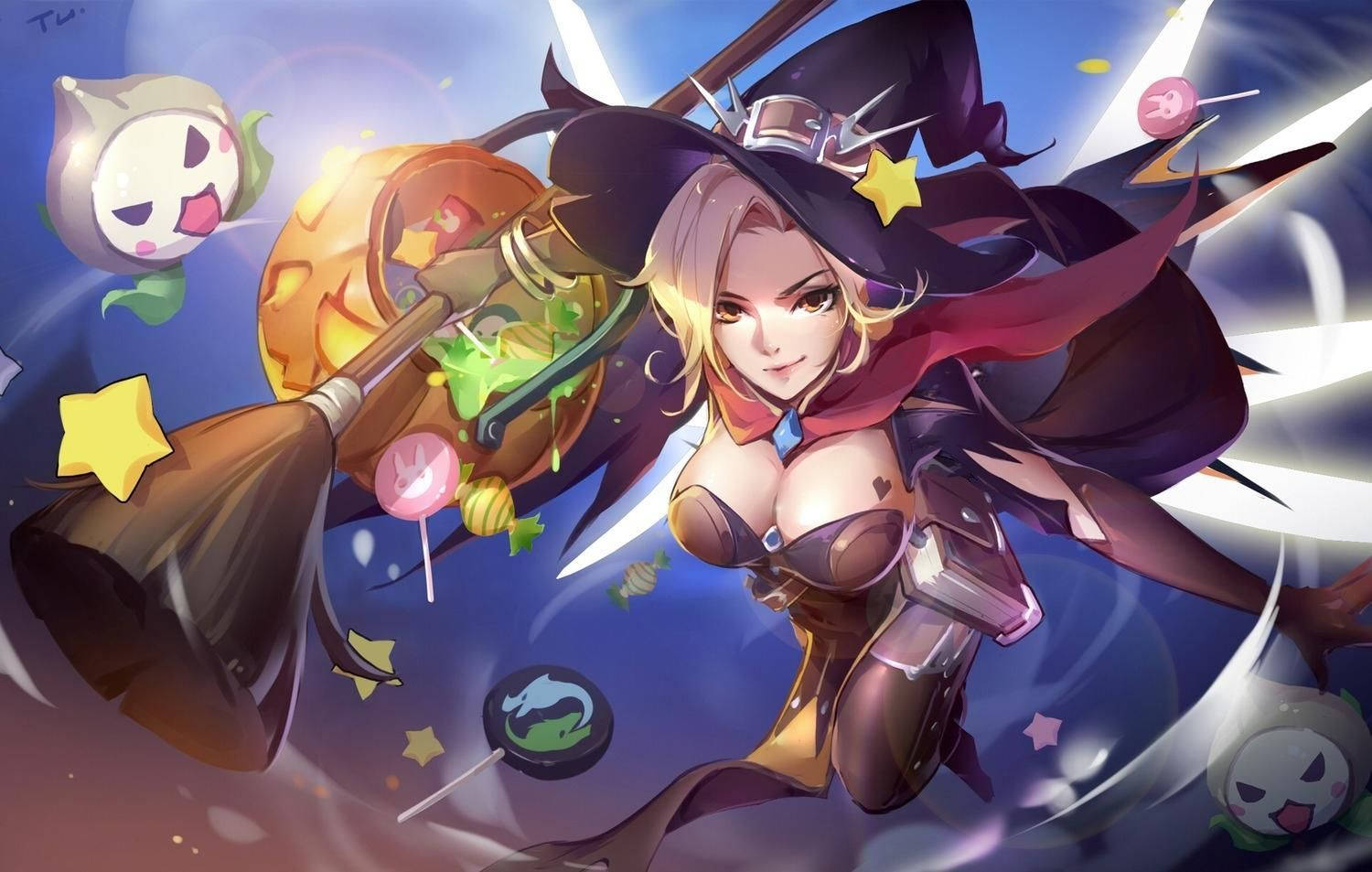 動漫女巫騎著掃帚飛翔，伴隨著糖果和幽靈的魔法場景