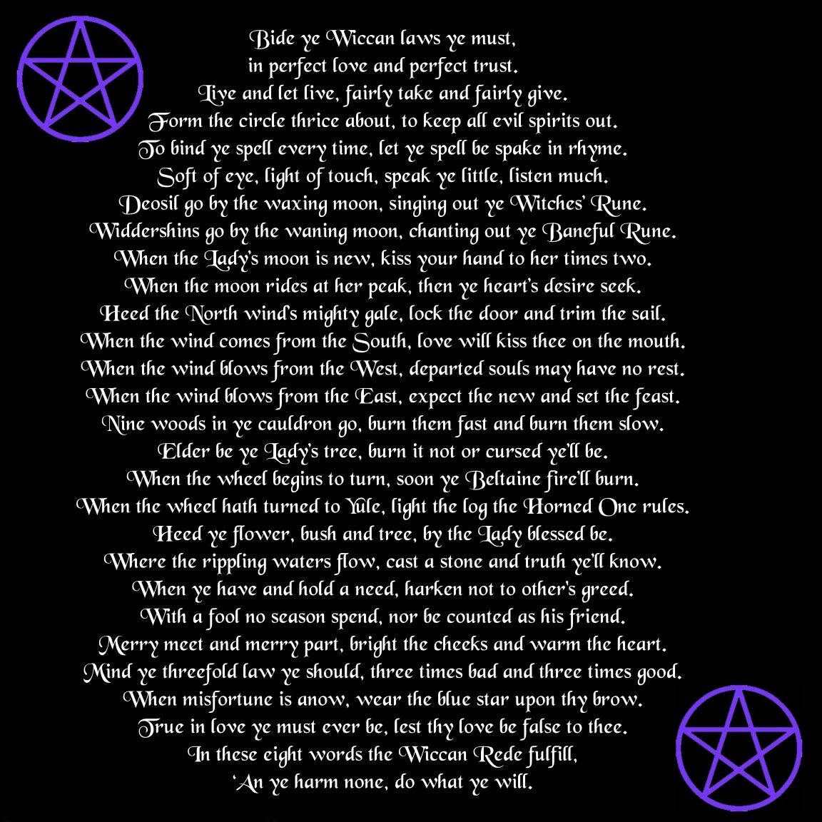 黑色背景上帶有紫色五角星的Wiccan Rede文字。 — 威卡巫師 壁紙