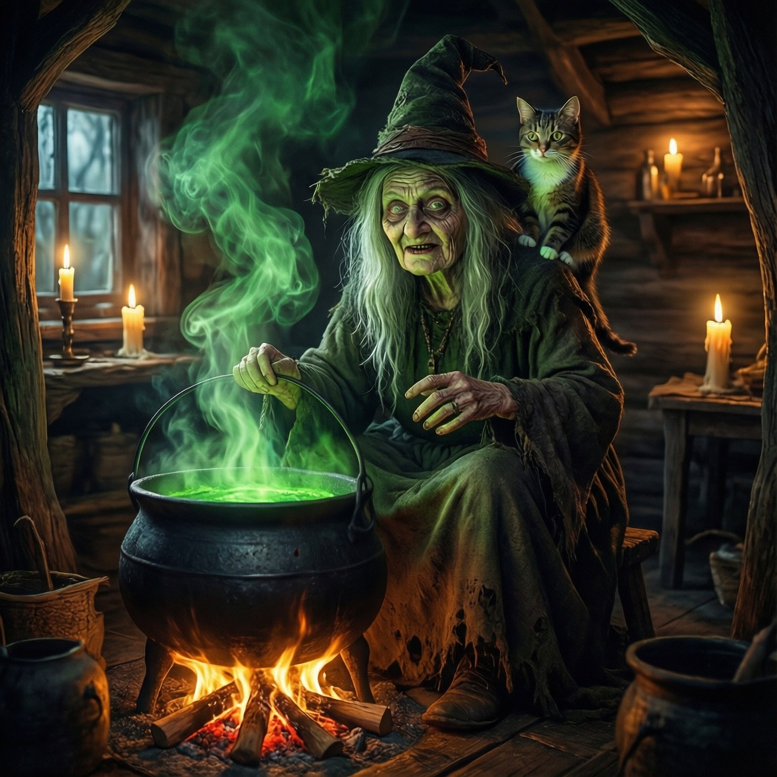 女巫在燭光小屋中攪拌發光綠色藥水，肩上站著貓。