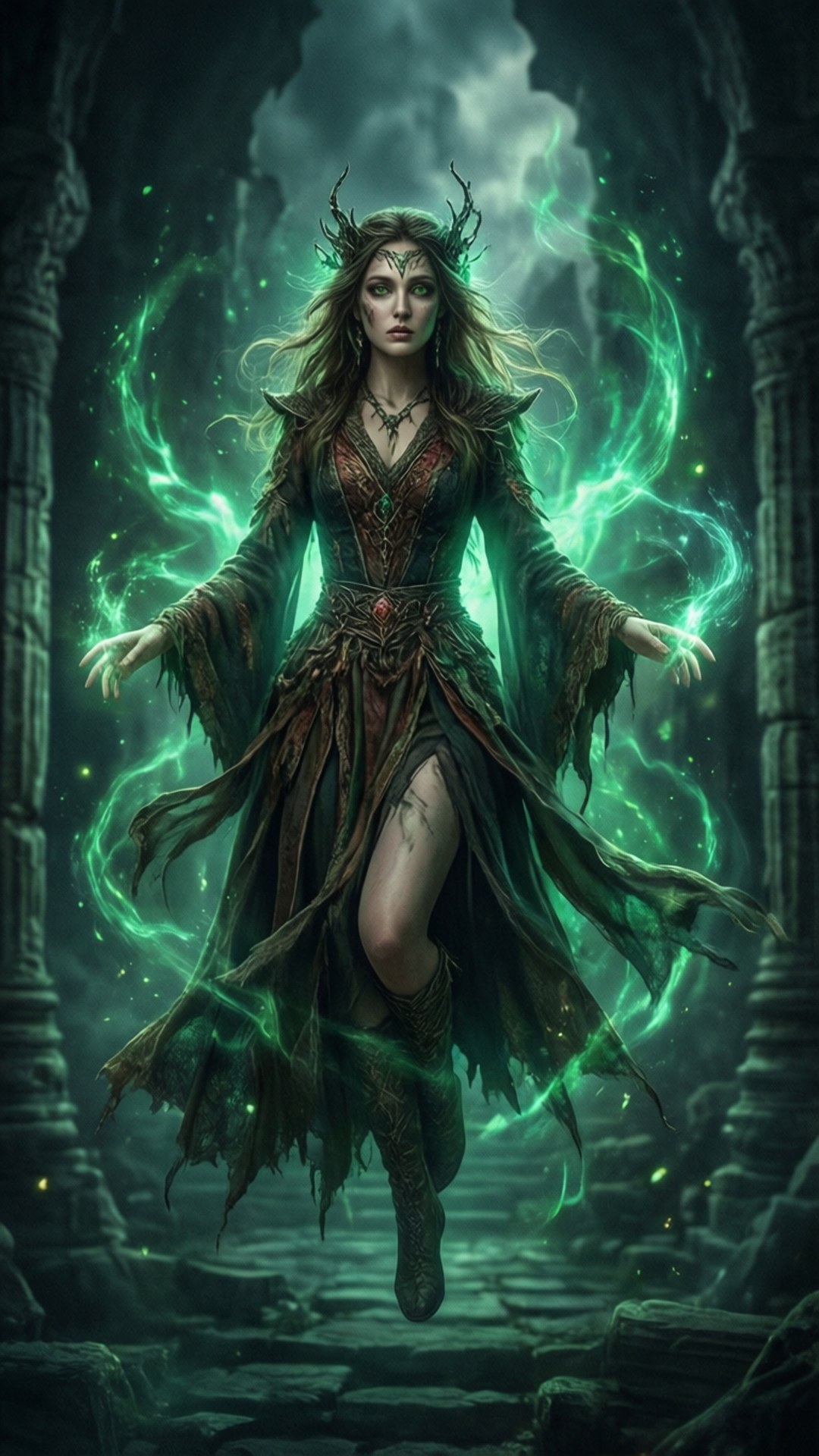 女巫的黑暗魔法 壁紙 — 一位神秘女子，頭髮如鹿角，漂浮在黑暗的石頭廢墟中，周圍環繞著旋轉的綠色魔法能量。