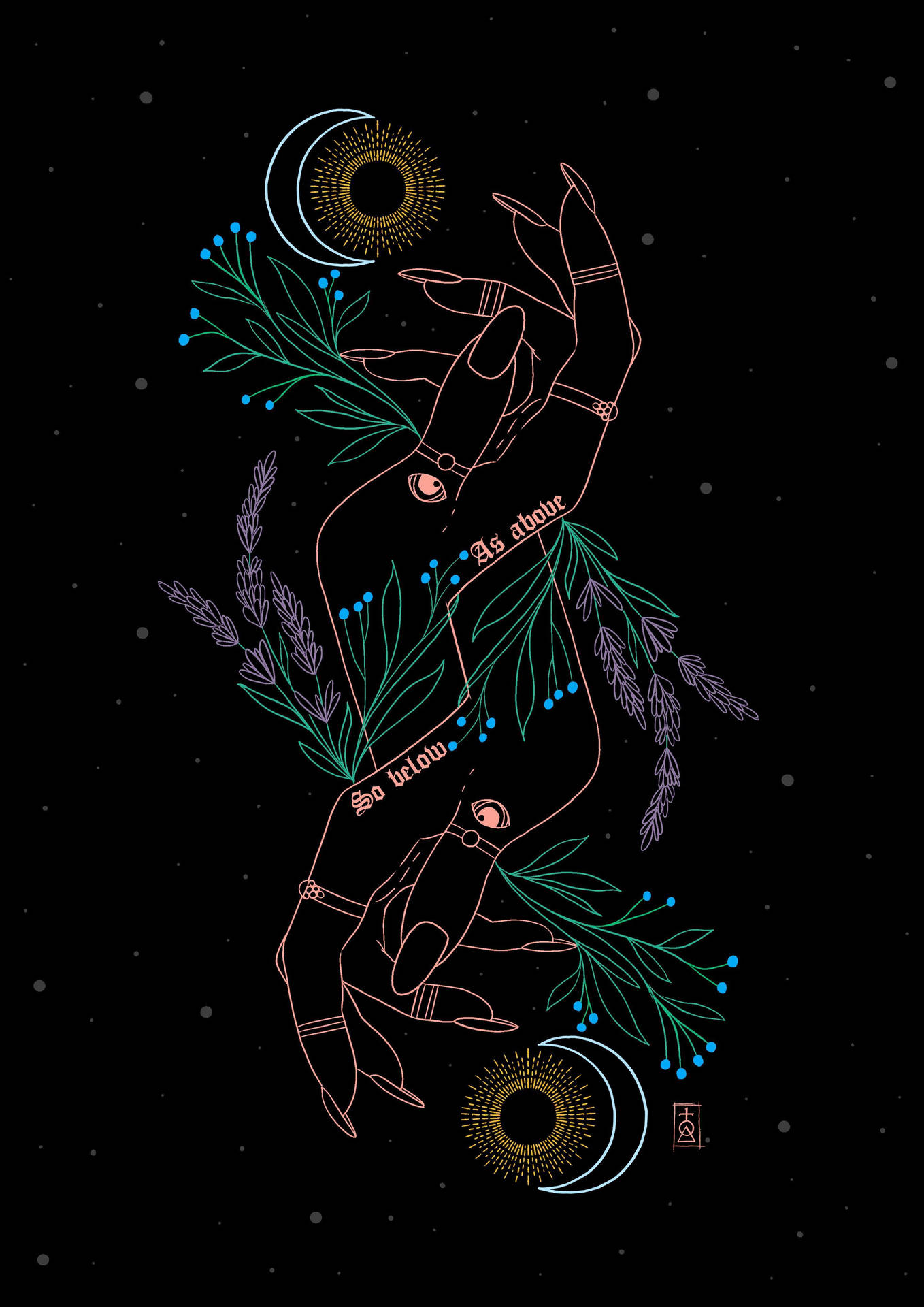 一隻發光的手在繁星點點的夜空下，手持月亮符號和薰衣草。 — 魔女風格 壁紙