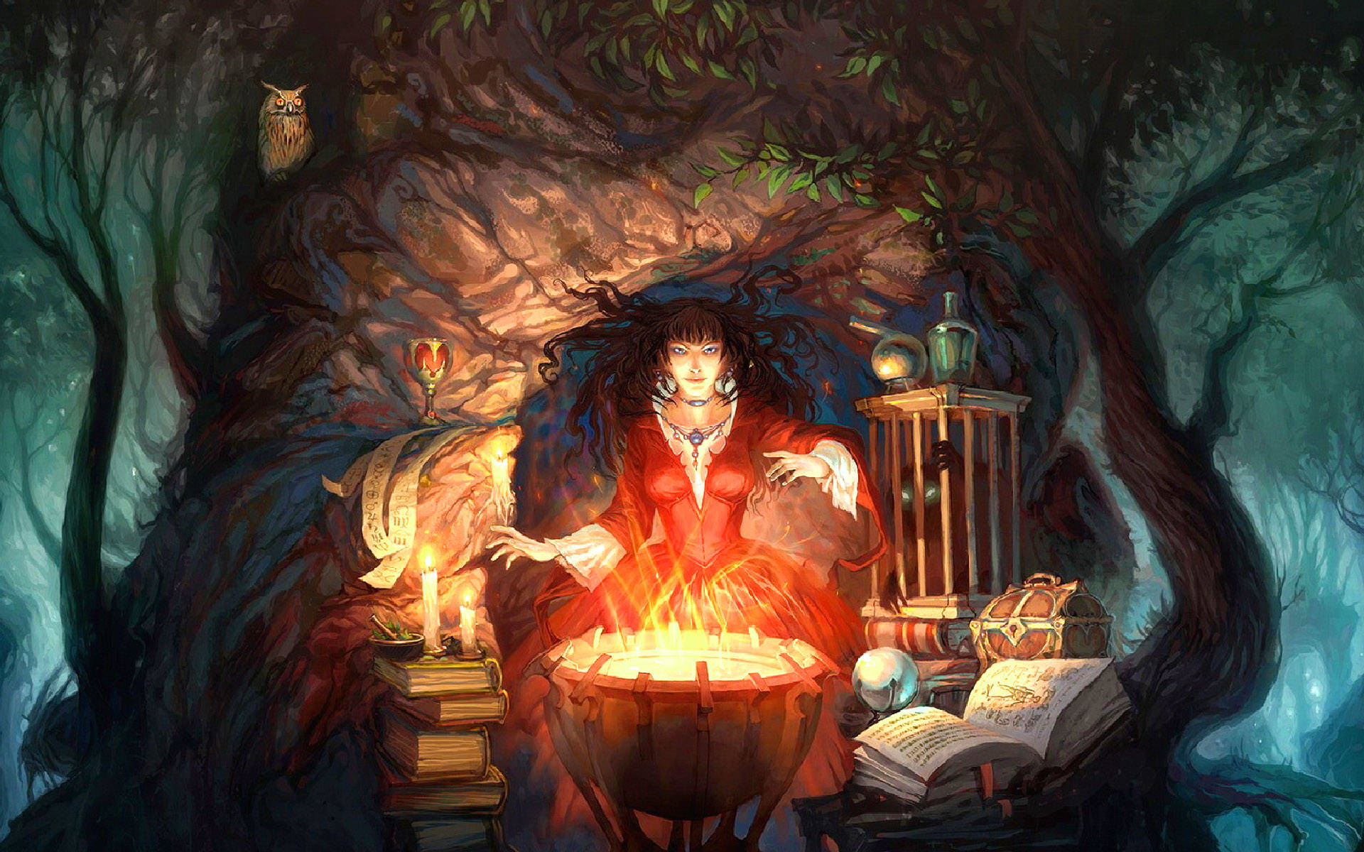 女巫魔法坩堝 壁紙 — 一位黑髮紅衣的女巫在神秘森林幽谷中從大鍋中引導發光的魔法。