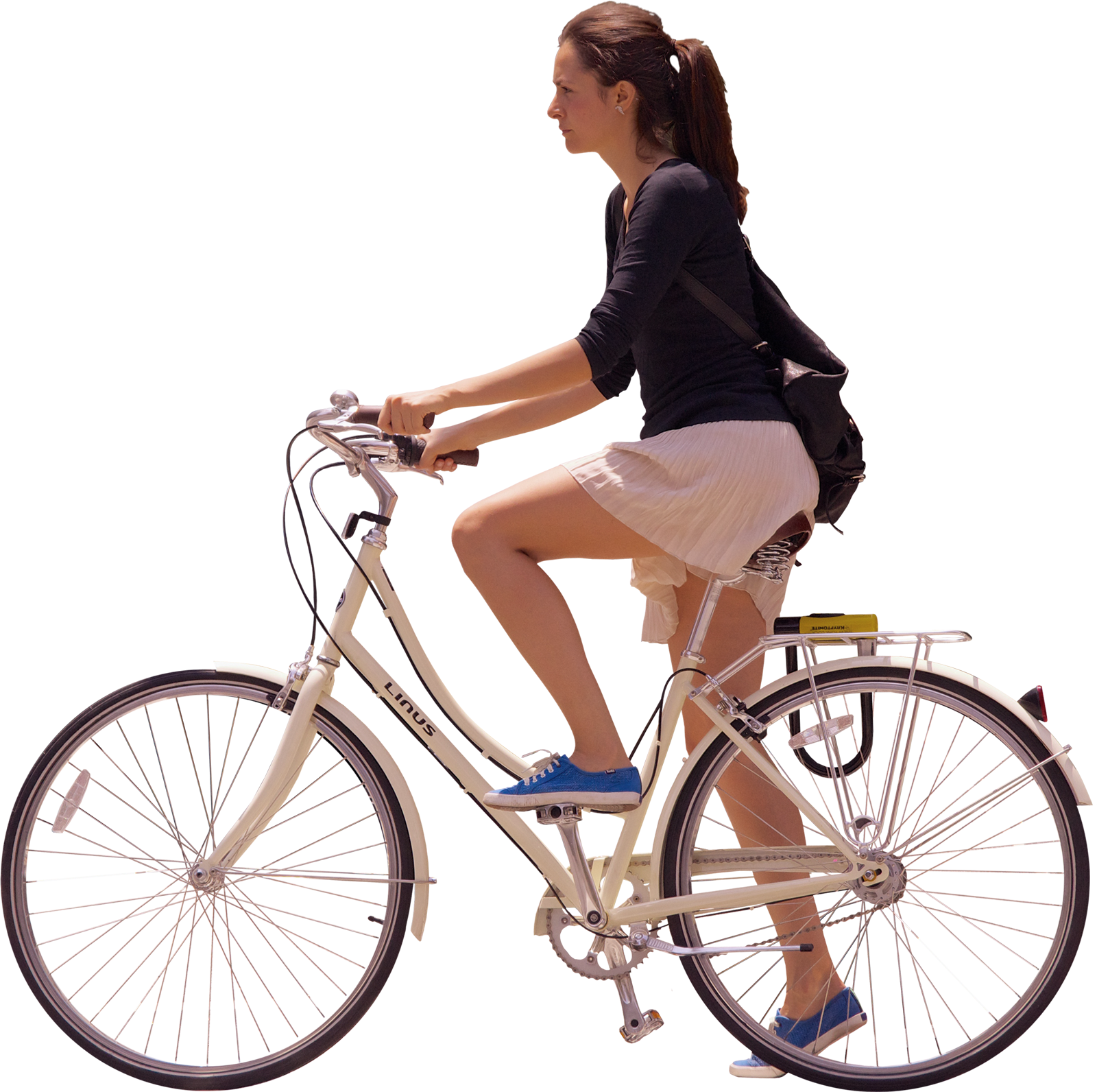 女性休閒騎自行車 壁紙 — 一位身穿黑色上衣和白色裙子的女性，在明亮的背景下踩著一輛帶有獨特輻條輪的奶油色自行車。