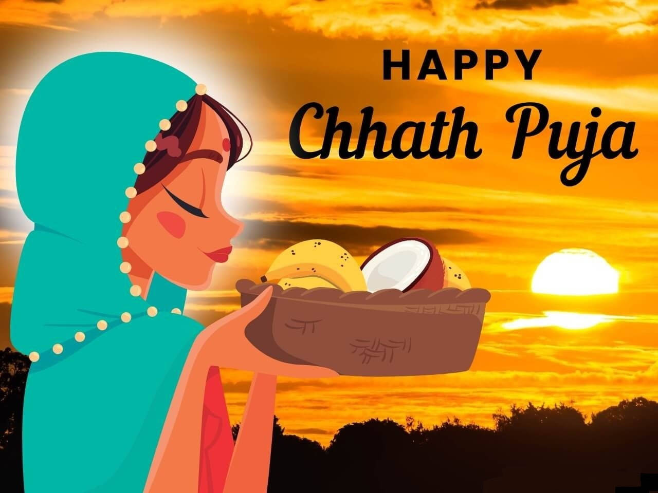 身穿藍綠色的女性在日落時分為Chhath Puja慶典獻上水果。