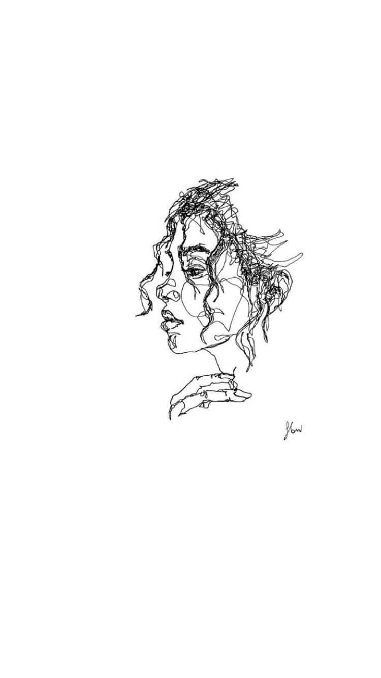 一幅黑白線條藝術肖像，描繪女性側面臉龐，手靠近下巴。