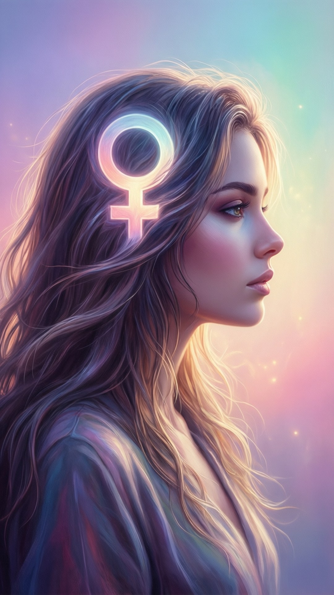 女性側影與女性主義髮型 壁紙 — 一位寧靜的女性，秀髮飄逸，柔和地發光，一個閃耀的女性符號懸浮在她頭頂，背景是粉彩漸變的天空。