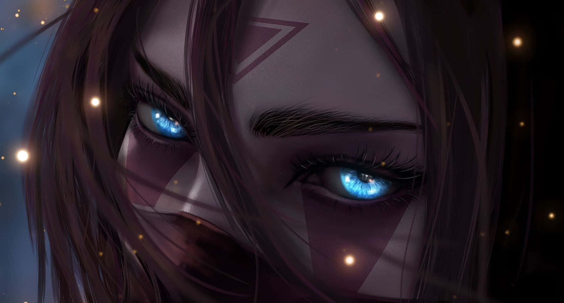 Templar Assassin 桌布 壁紙 — 女性動漫角色特寫，擁有發光的藍色眼睛和深色頭髮，背景是繁星點點的夜空。