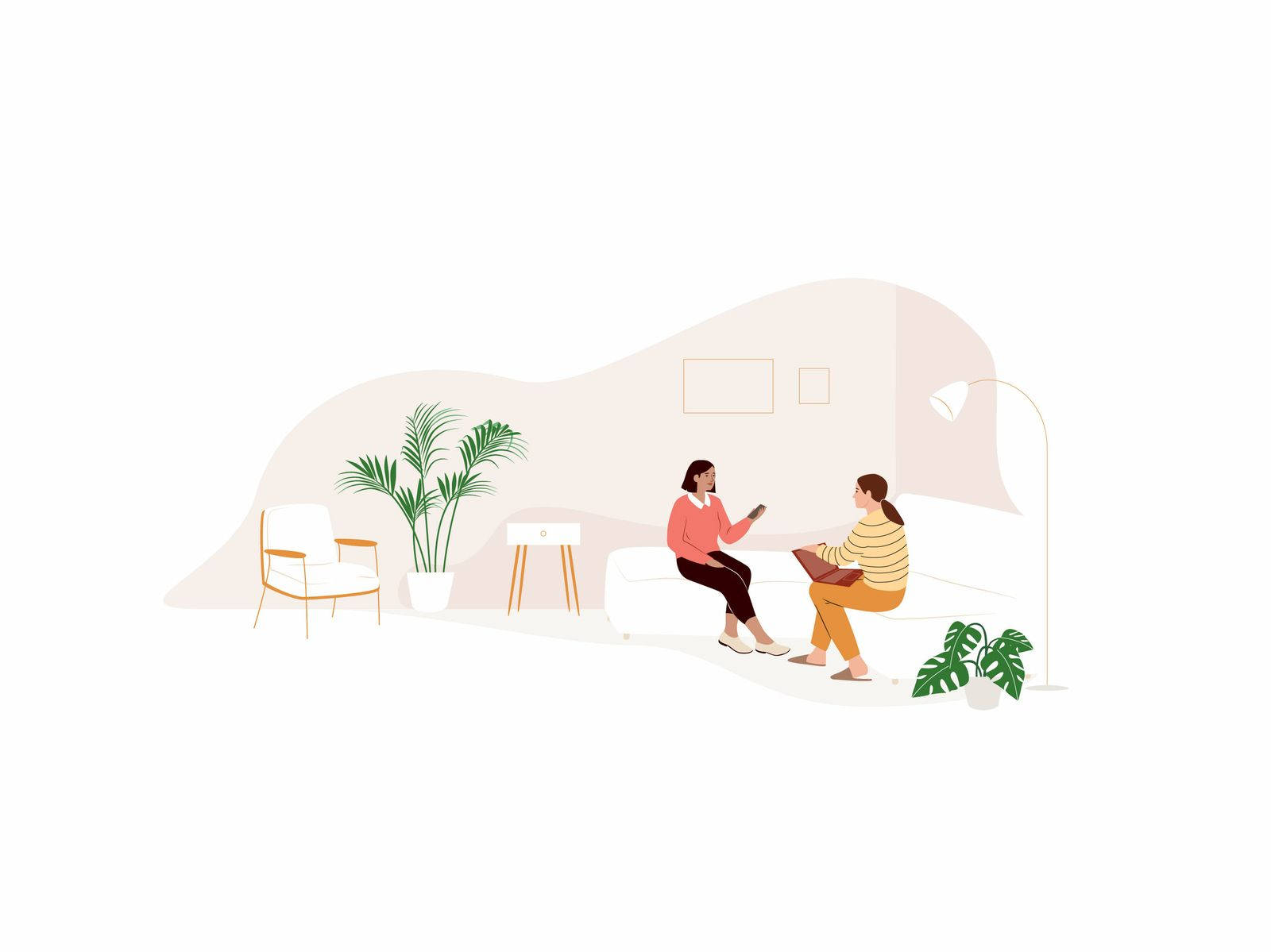 兩位女士坐在沙發上，在現代客廳中與植物一起聊天。