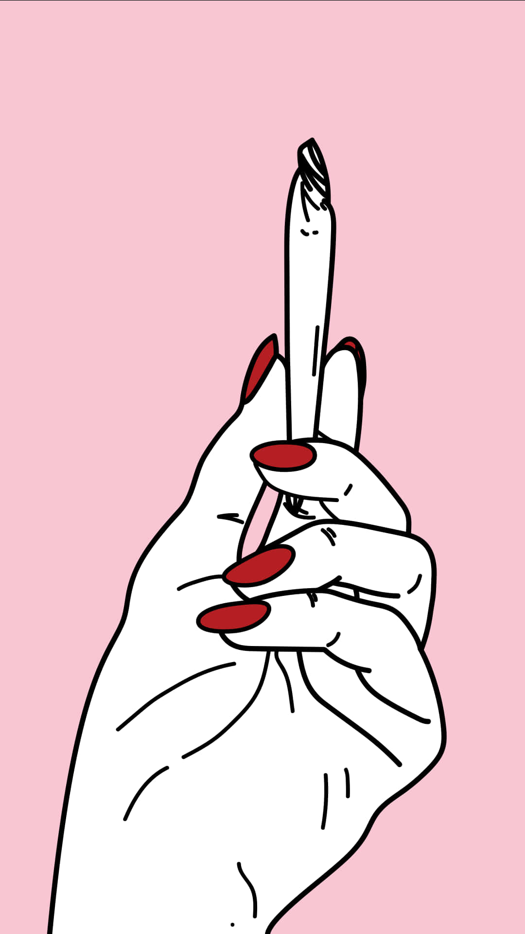 女性手握煙卷 壁紙 — 一隻塗有紅色指甲的手拿著香煙，襯以柔和粉紅色背景的極簡線條藝術插圖。