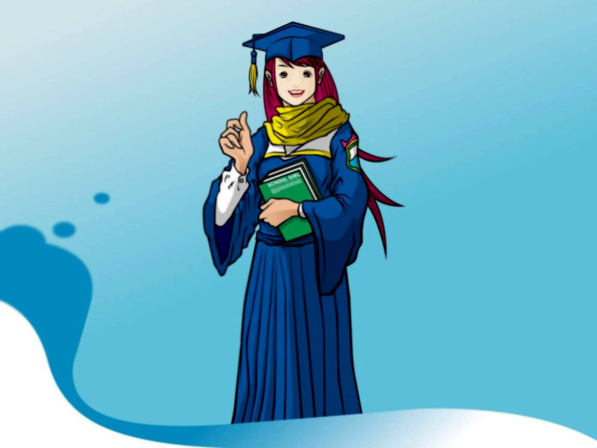 女性畢業禮服 壁紙 — 一個開心的動漫風格畢業生，穿著藍色畢業袍和帽子，拿著一本書，在柔和的藍色漸變背景前向上指。