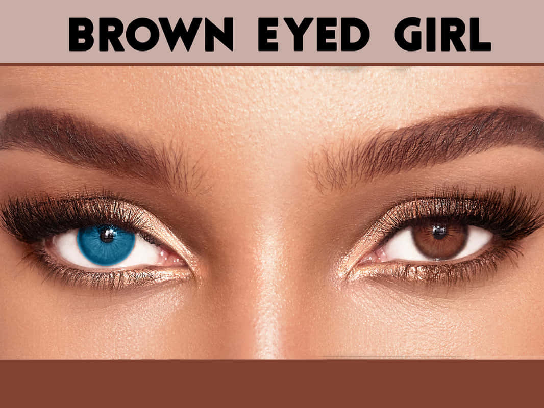 Brown Eyed Girl 桌布 壁紙 — 女性眼睛特寫，一隻藍色一隻啡色，帶有戲劇性的睫毛和金色閃爍眼影。