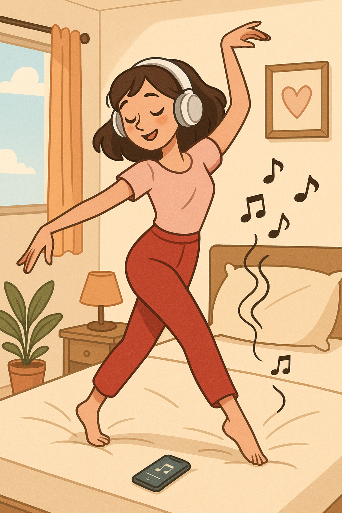 女性隨著美妙音樂起舞 壁紙 — 一個快樂的卡通女人戴著耳機，赤腳在床上跳舞，周圍漂浮著音符。