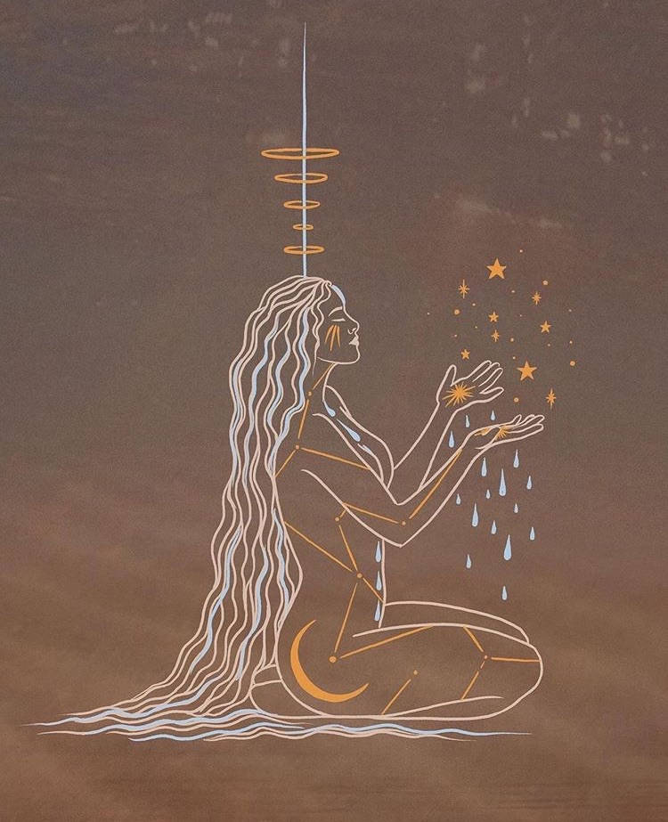 一位女子在水中捧著星星和雨，頭上有天體光環。