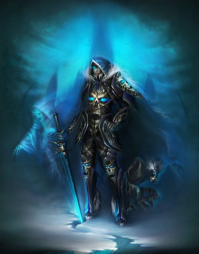 女死騎士藝術 壁紙 — 一位戴著兜帽的戰士，身穿裝飾華麗的深色盔甲，帶有發光的藍色點綴，手持一把光芒四射的劍，站在旋轉的藍色迷霧背景前。