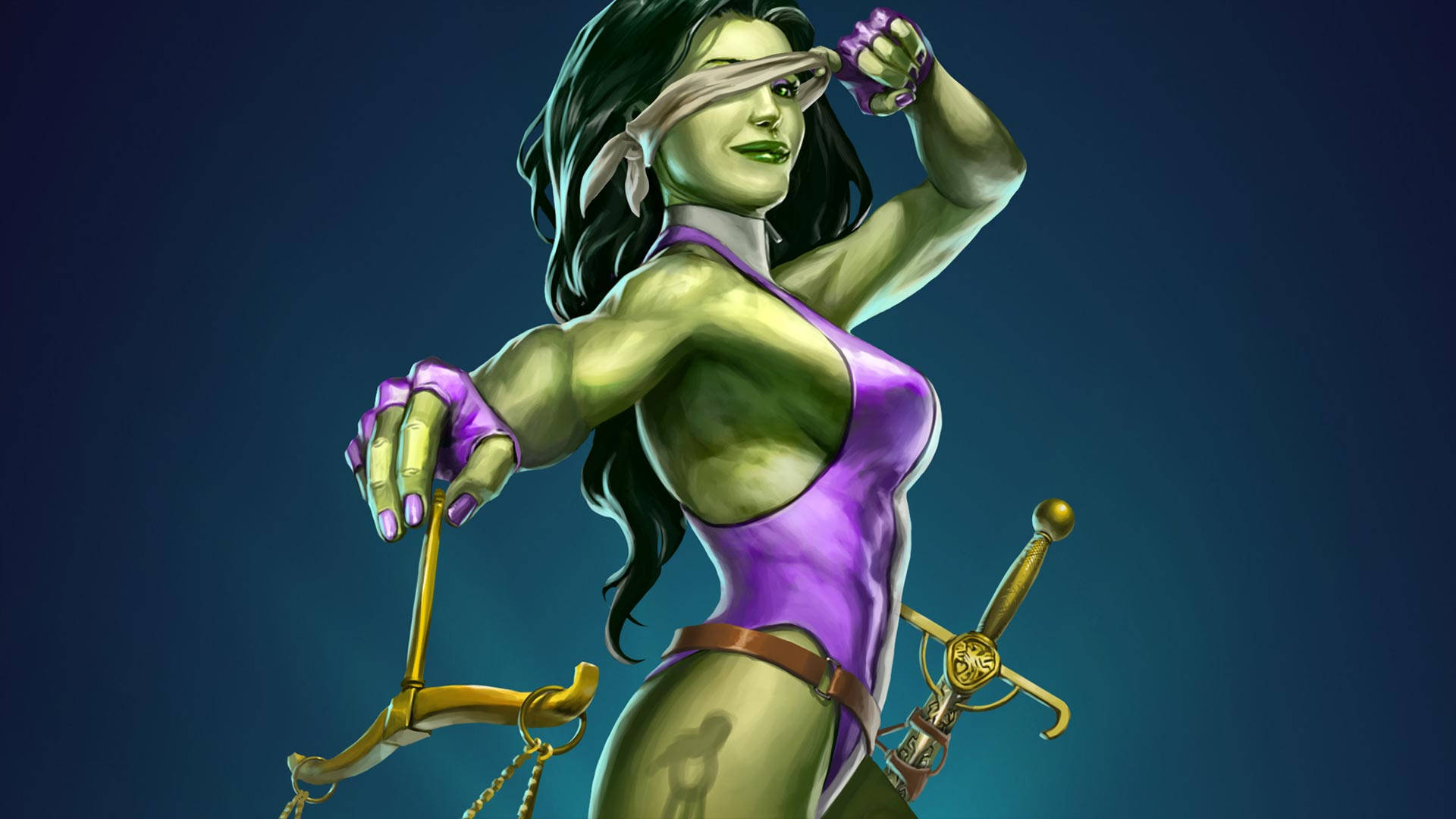 戴眼罩的綠色皮膚女戰士手持劍和天平。