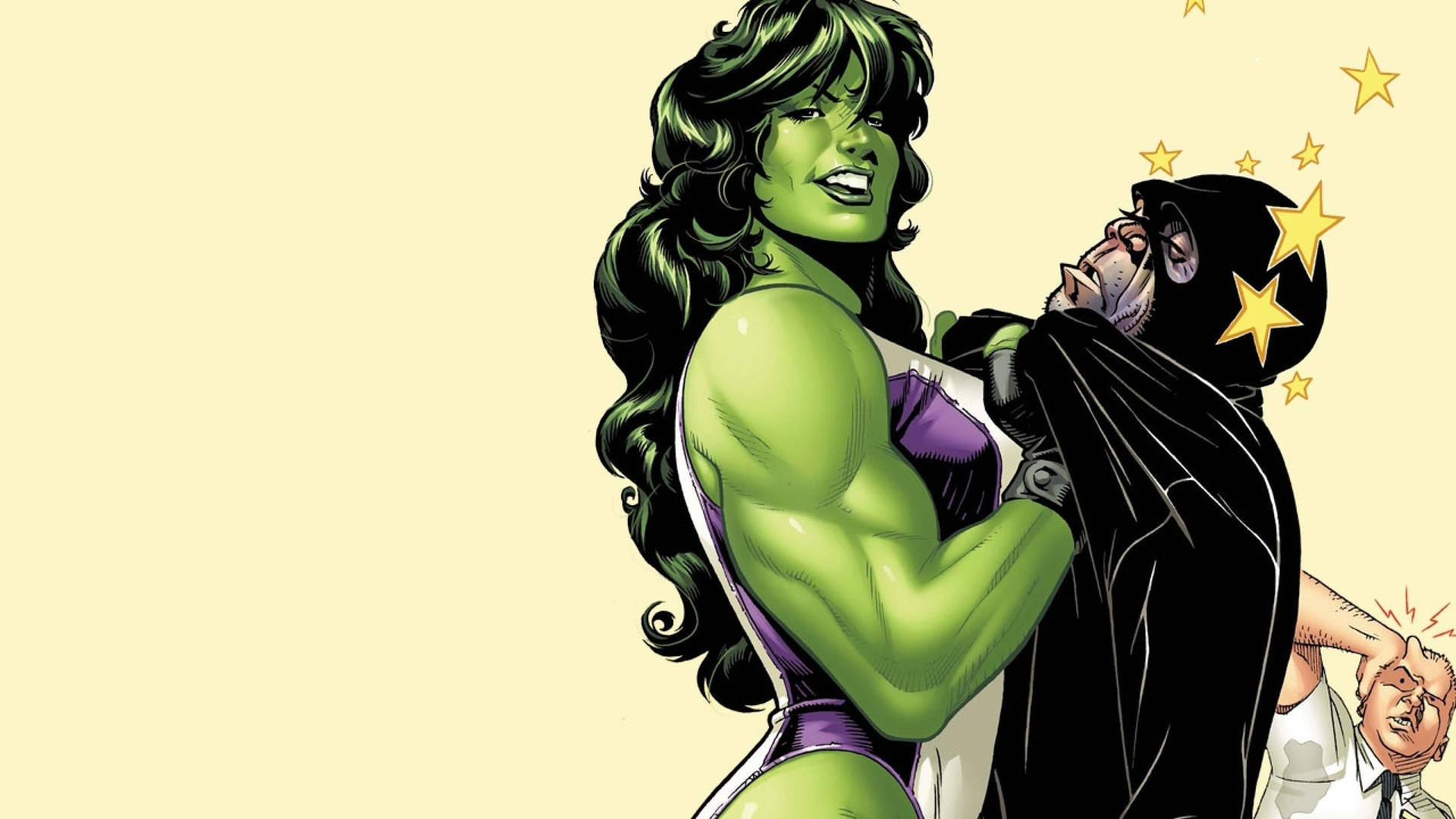 She-Hulk掐住惡棍的喉嚨，星星在他頭頂爆開。