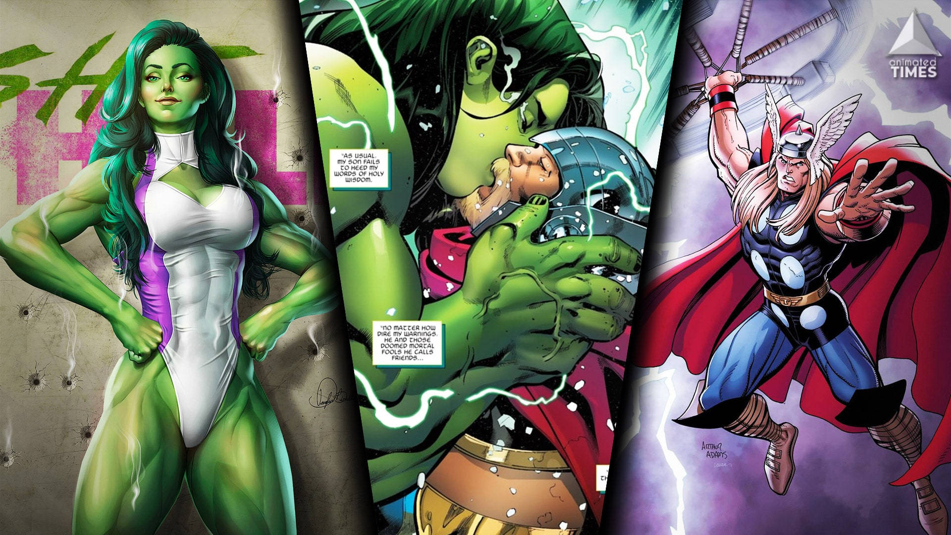 漫畫格中的She-Hulk、Hulk和Thor，帶有動作姿勢和閃電效果。