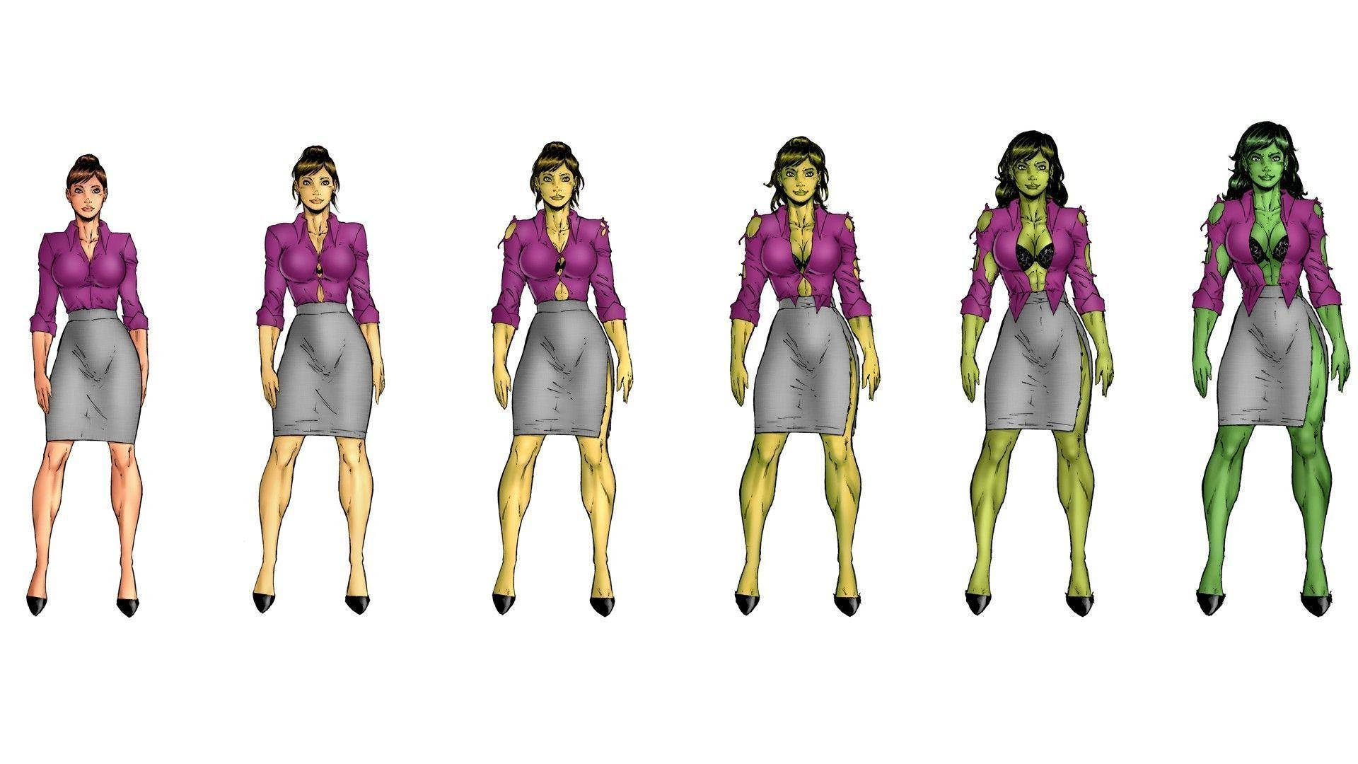 She-Hulk 從人類到綠色超級女英雄的變身序列。