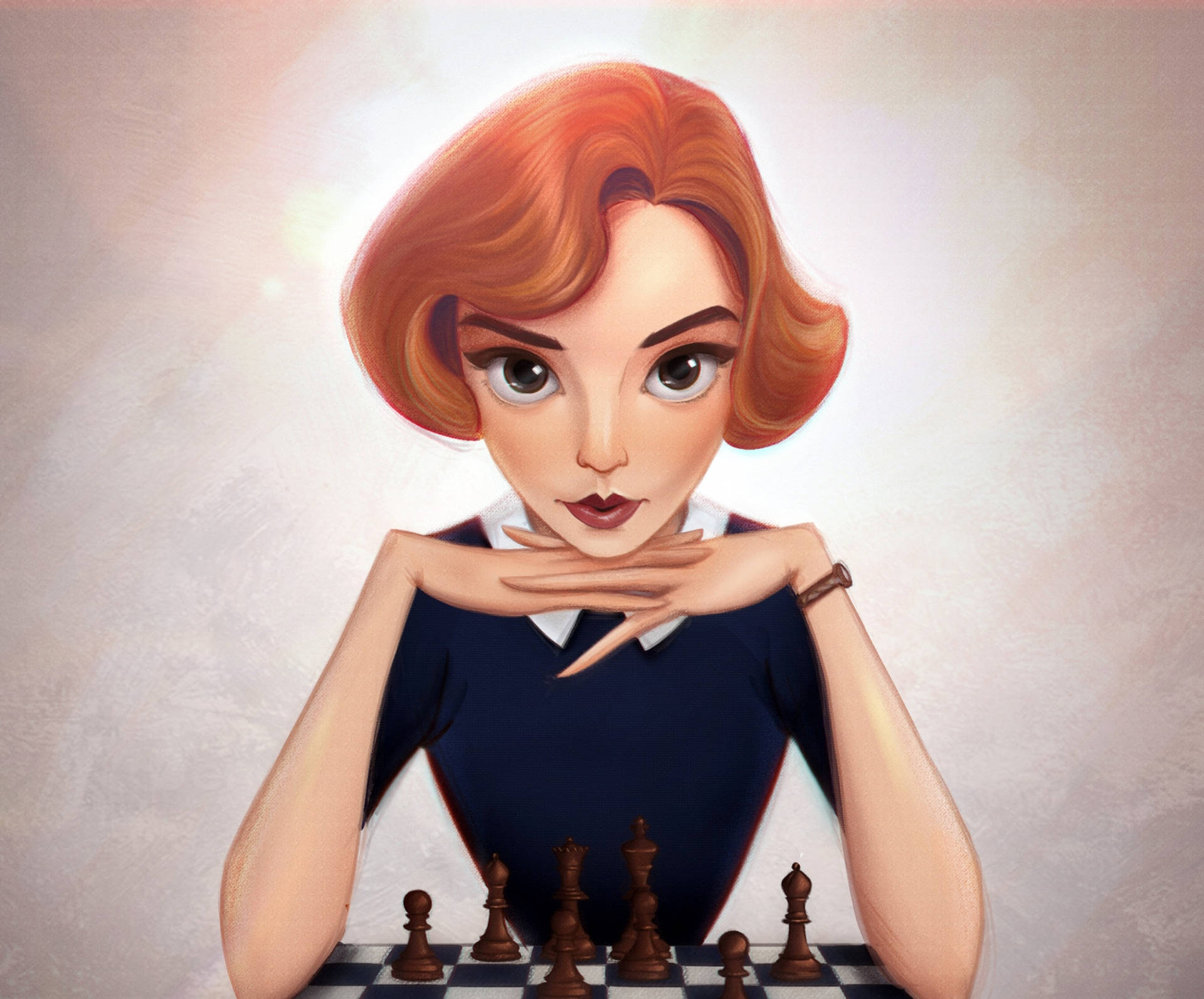 紅髮女性雙手托腮思考棋步。