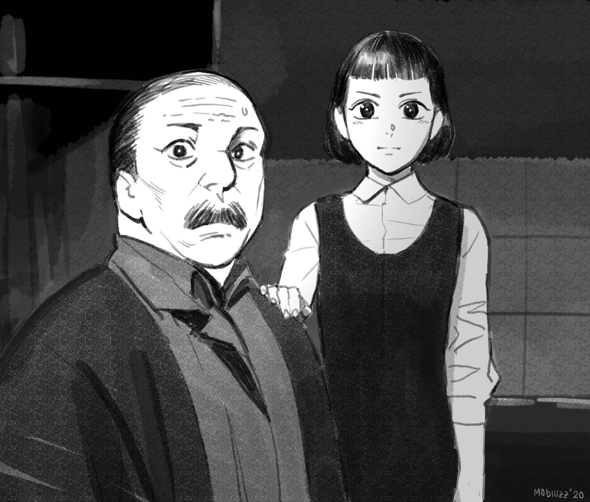 一個留鬍子的受驚男子和一個年輕女孩站在他旁邊，手放在他的肩膀上。