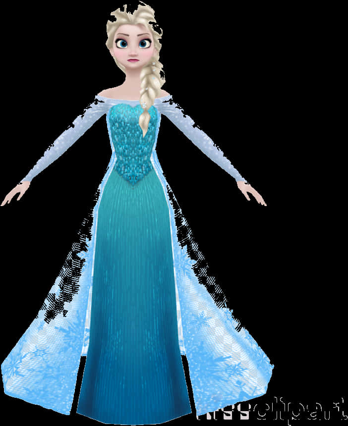 女王艾莎 冰雪奇緣角色 壁紙 — 《魔雪奇緣》的愛莎身穿帶有雪花圖案的飄逸藍色冰裙，站在黑色背景前。