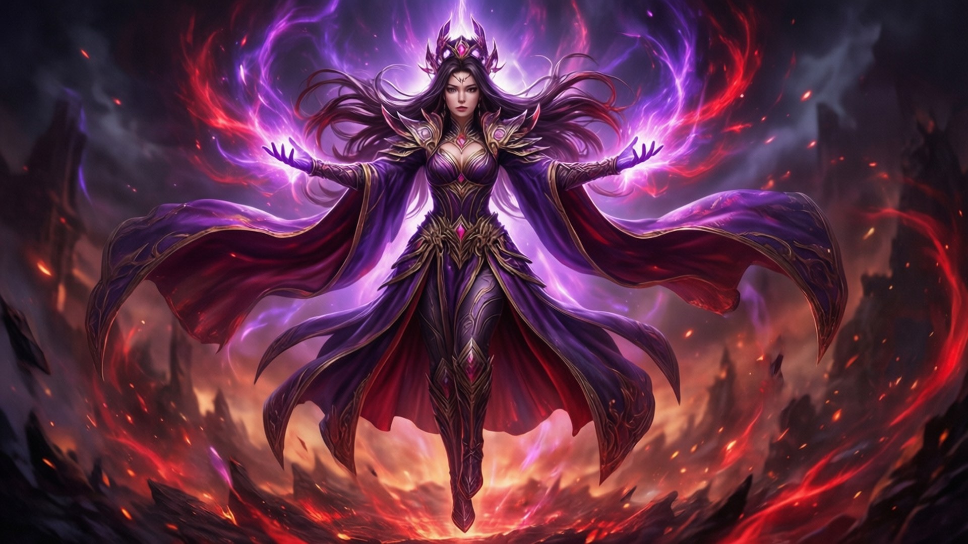 身穿紫色盔甲的奇幻女王，在黑暗風暴中揮舞魔法火焰能量。