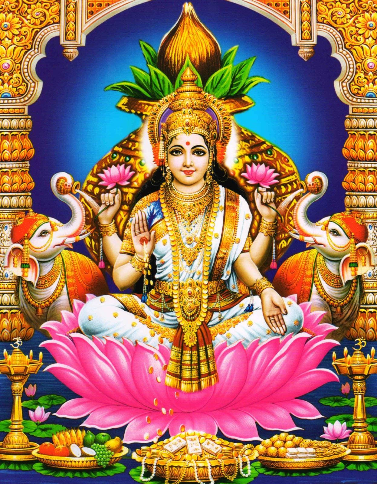 Lakshmi 桌布 壁紙 — 女神拉克什米端莊地坐在粉紅色蓮花上，兩側有大象，周圍是華麗的金色寺廟建築。