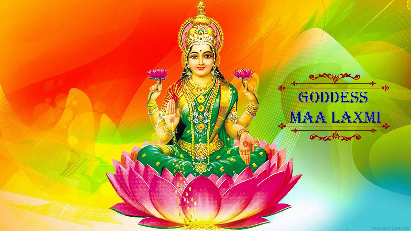 Lakshmi 桌布 壁紙 — 女神瑪·拉克什米優雅地坐在鮮豔的粉紅色蓮花上，手持粉紅色蓮花，背景是燦爛的漸變色。