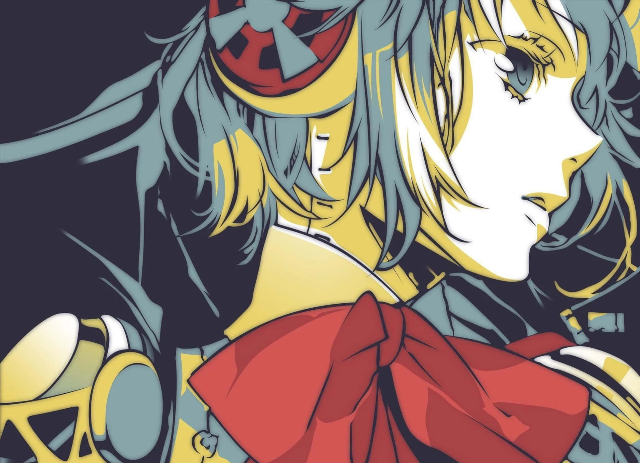 女神異聞錄3 Aigis 精美插畫 壁紙 — 一個風格化的動漫女孩，藍黃色頭髮，戴著紅色蝴蝶結和護目鏡，背景為深色。
