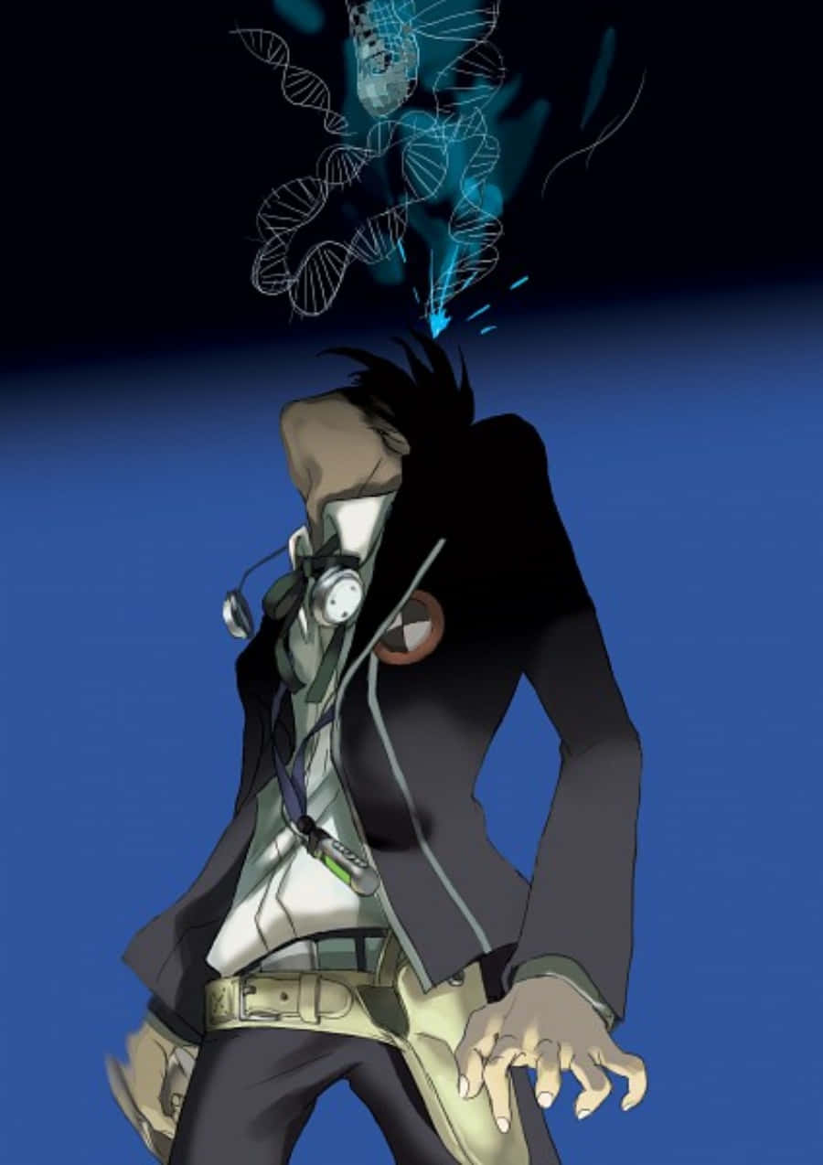 《女神異聞錄3》主角仰望夜空 壁紙 — 一個風格化的動漫角色，戴著耳機，頭頂上方漂浮著發光的藍色DNA鏈，背景是深藍色漸變。