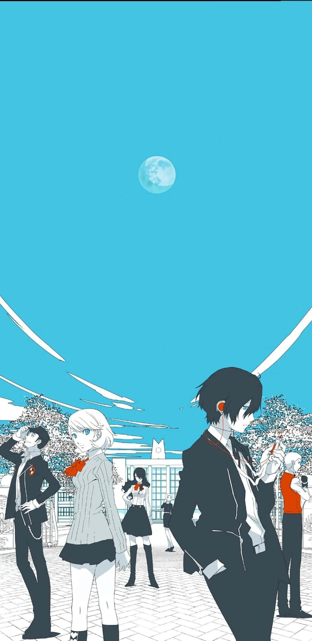 《女神異聞錄3》同人小說海報插畫 壁紙 — 動漫角色站在明亮的藍天下，背景有滿月和白色條紋。