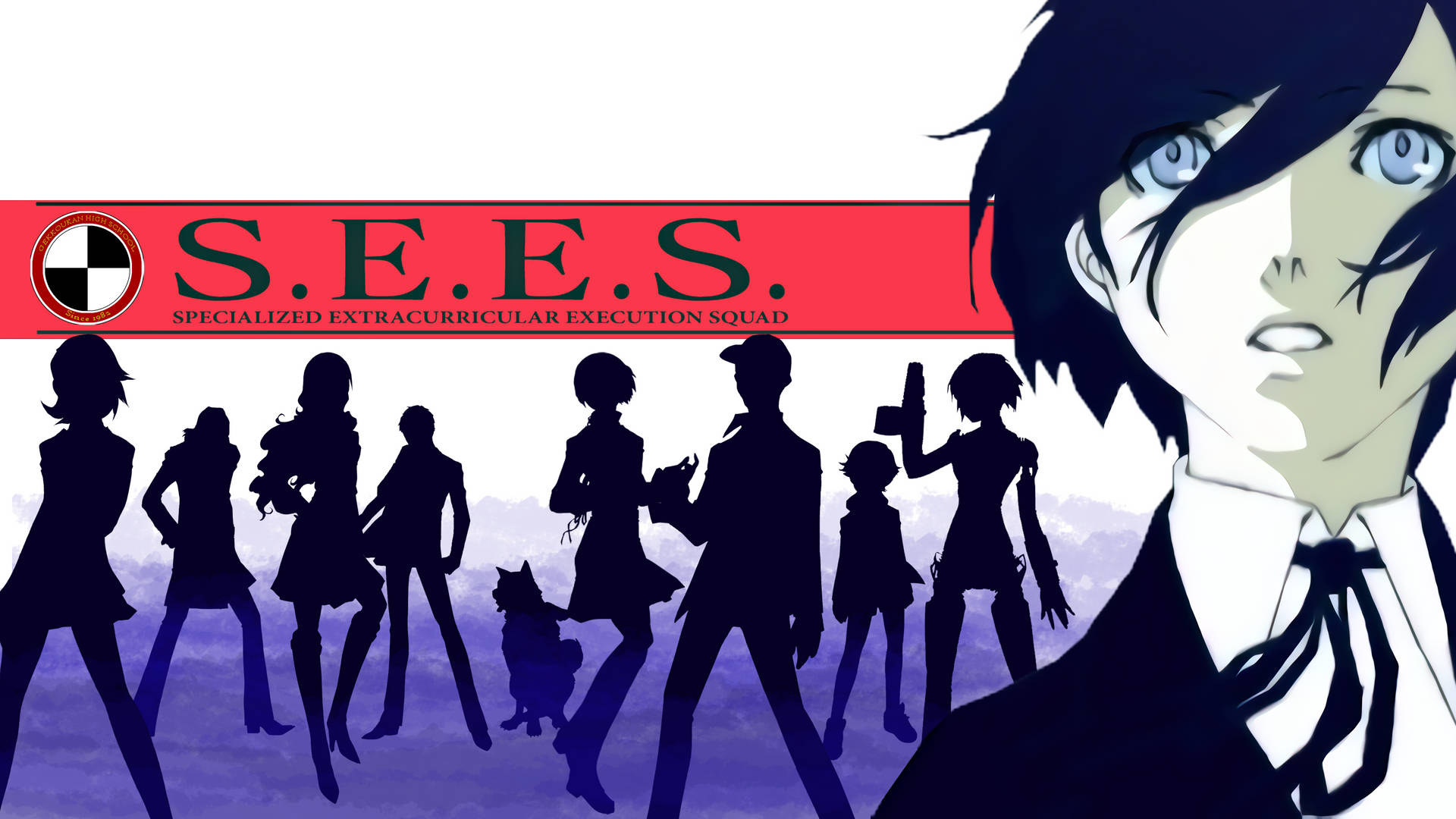 動漫團隊S.E.E.S.，成員為剪影，並有一個藍眼角色的特寫。
