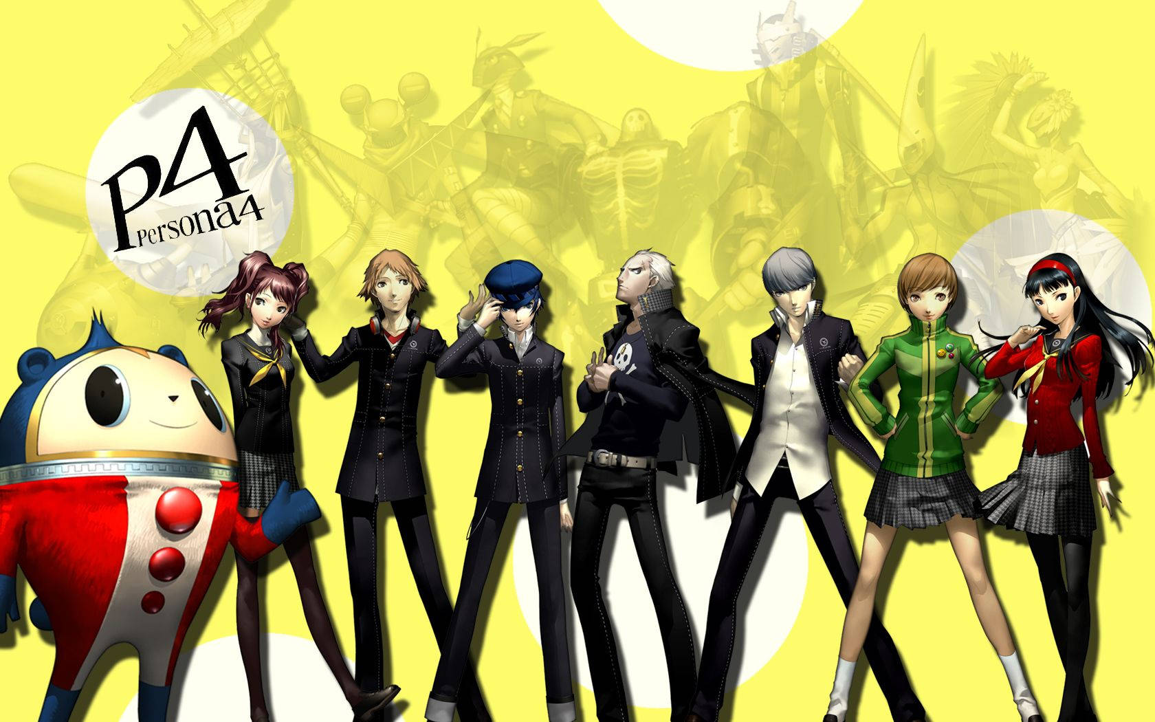 Persona 4 動畫角色穿著校服與吉祥物在黃色背景前。