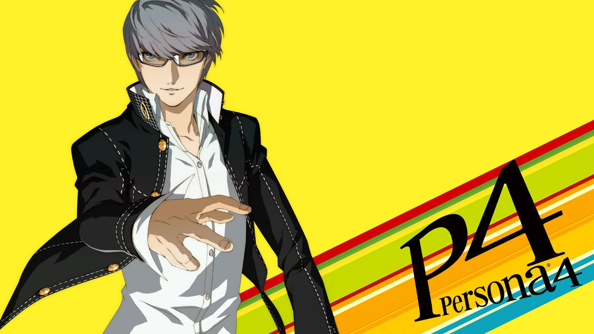 來自Persona 4的動漫角色，灰色頭髮和眼鏡，黃色背景上有彩虹條紋。