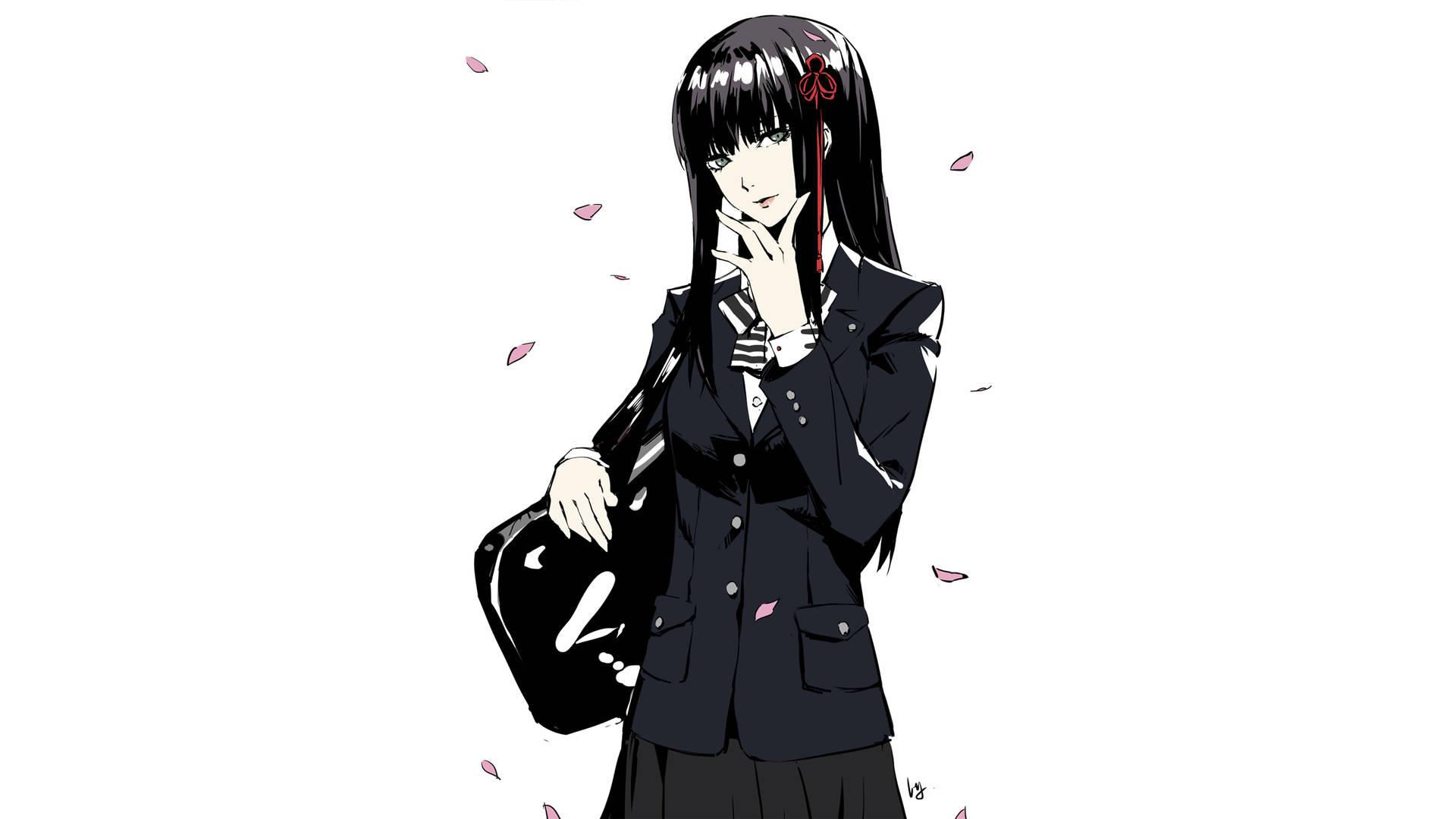穿著黑色校服、拿著袋子的動漫女孩，粉紅色花瓣在她周圍飄浮。