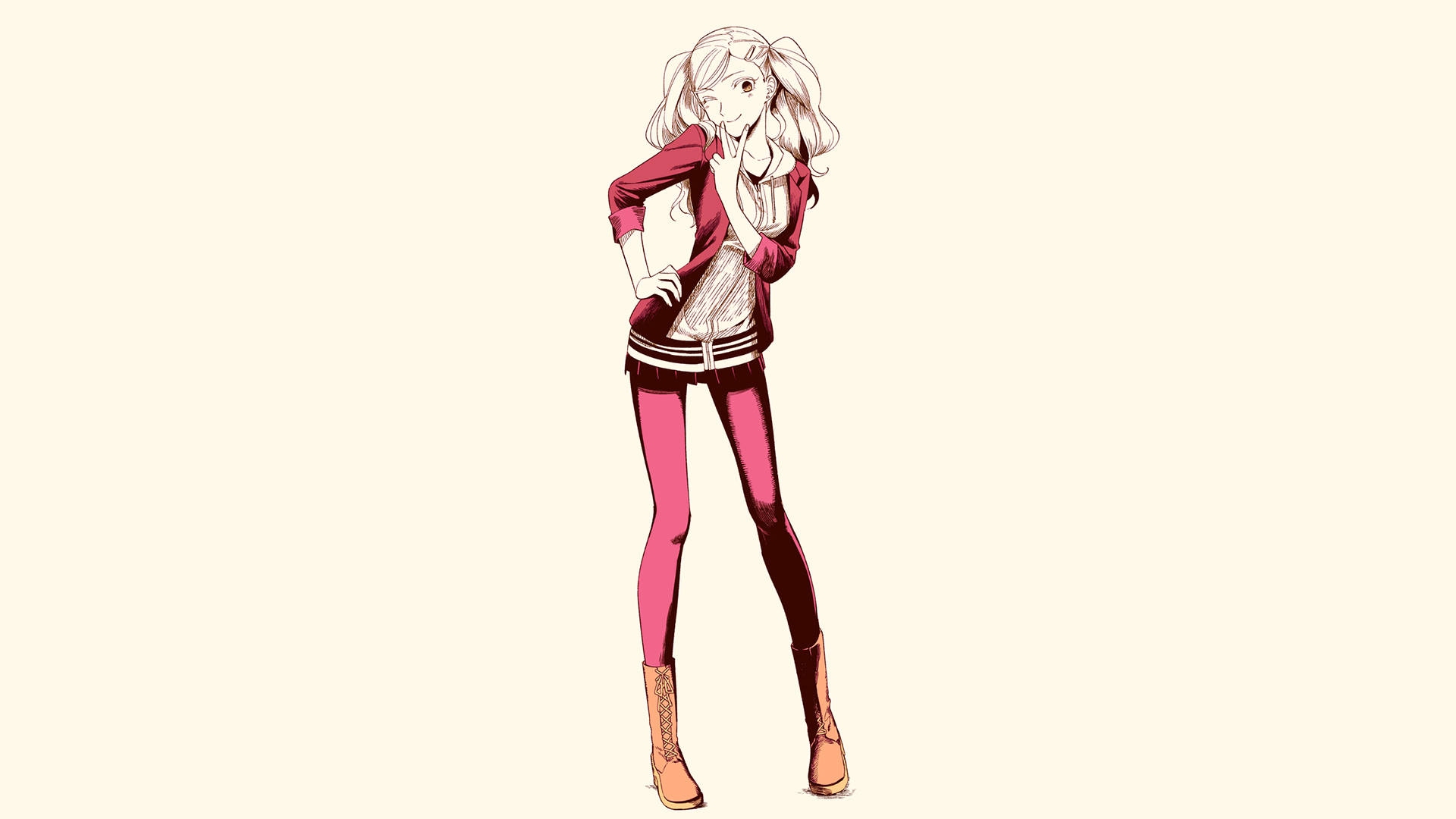 動漫女孩身穿粉紅色服裝，雙手叉腰，自信地站立。