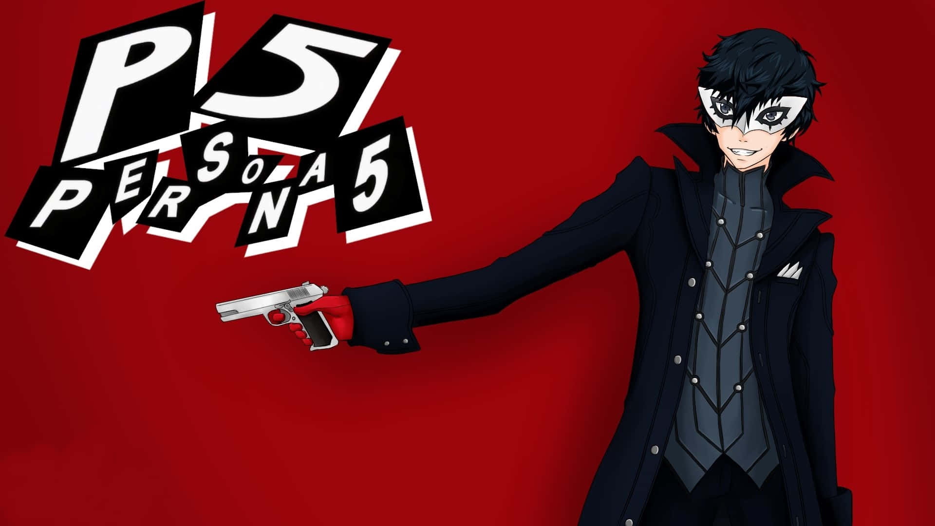 來自 Persona 5 的動漫角色在紅色背景前持槍。