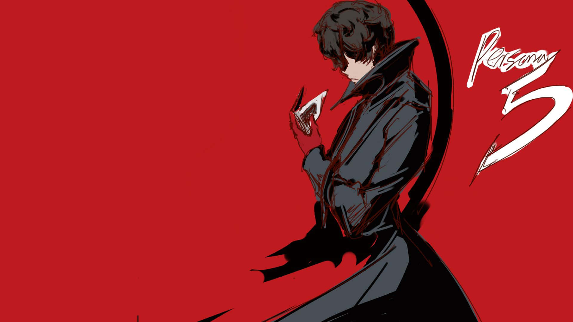 動漫角色穿著黑色乾濕褸，在紅色背景前拿著白色卡片，帶有 Persona 5 標誌。