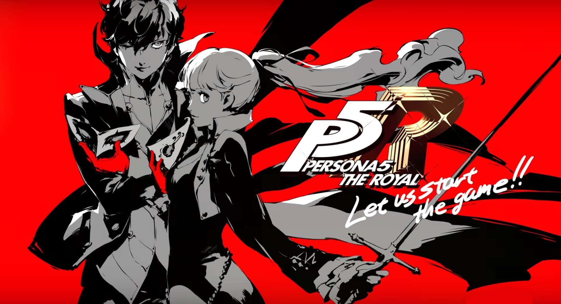 兩個動漫角色在紅色背景上手持帶有「Persona 5 The Royal」文字的劍。