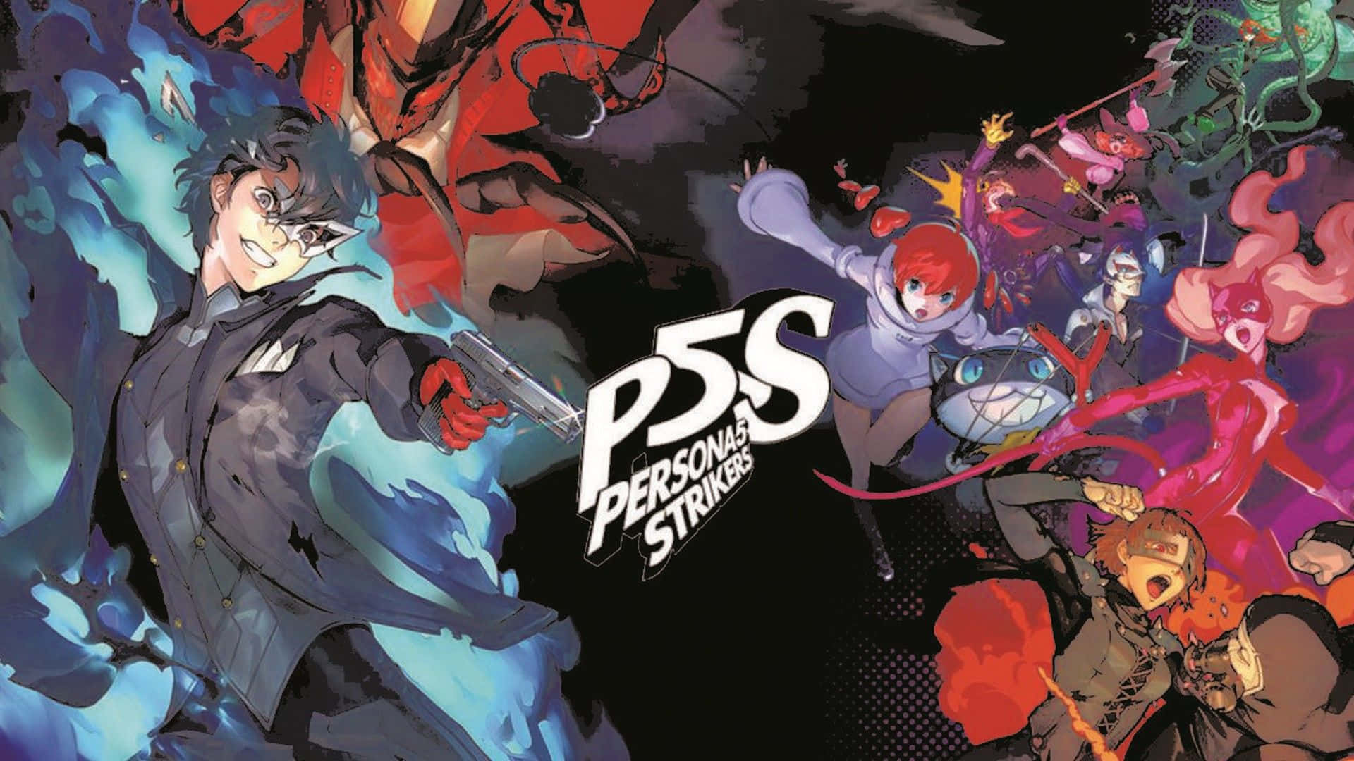 Persona 5 Strikers 桌布 壁紙 — 《女神異聞錄5 亂戰：魅影攻手》中的動態動漫角色在黑暗背景下爆發能量，揮舞武器和超自然力量。