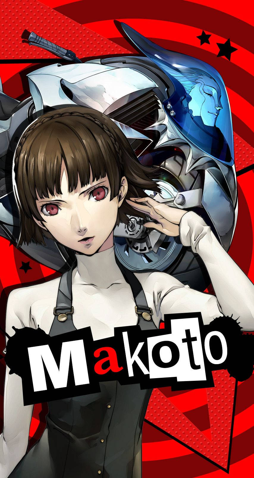 動漫角色 Makoto 紅眼睛，身後有一個機器人，背景為紅色。
