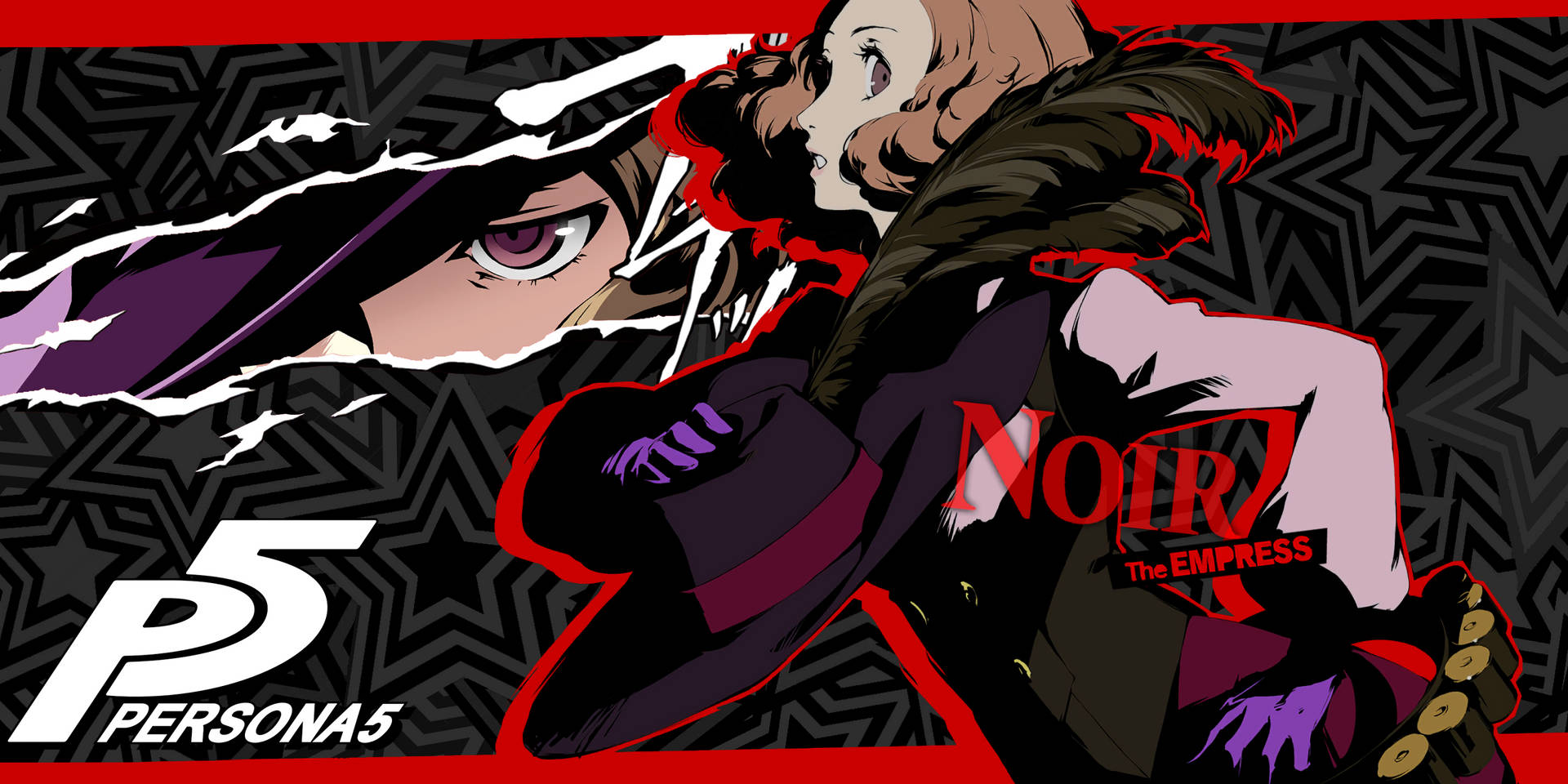 來自 Persona 5 的動漫角色，帶有撕裂紙效果和星形圖案背景。