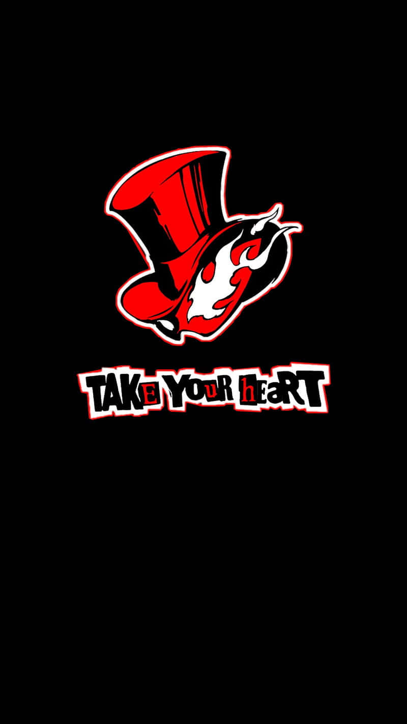 紅色高頂帽，帶有火焰心形和文字「TAKE YOUR HEART」，背景為黑色。